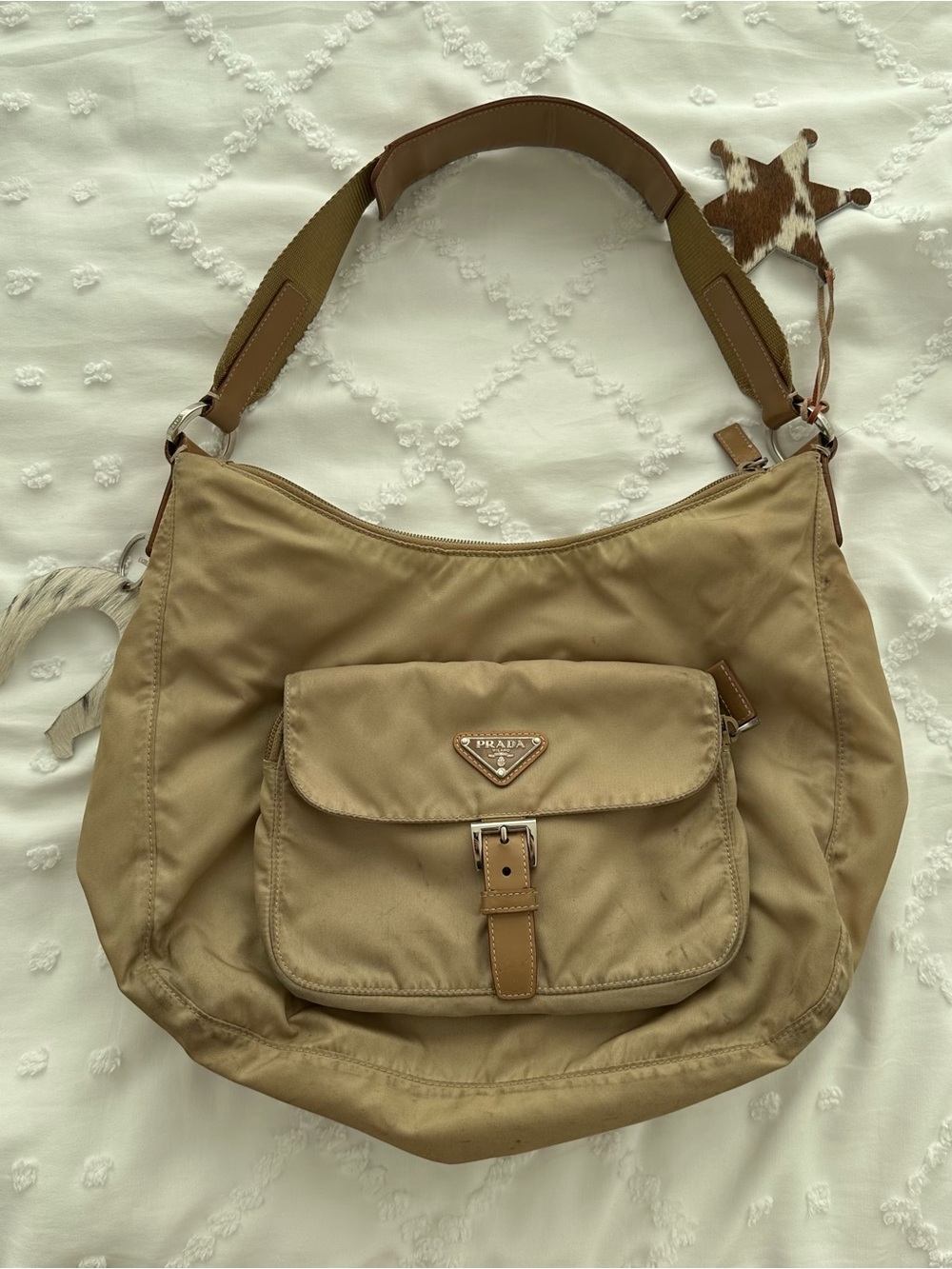 Authentic Prada Tan Nylon Shoulder Bag with Front Pocket